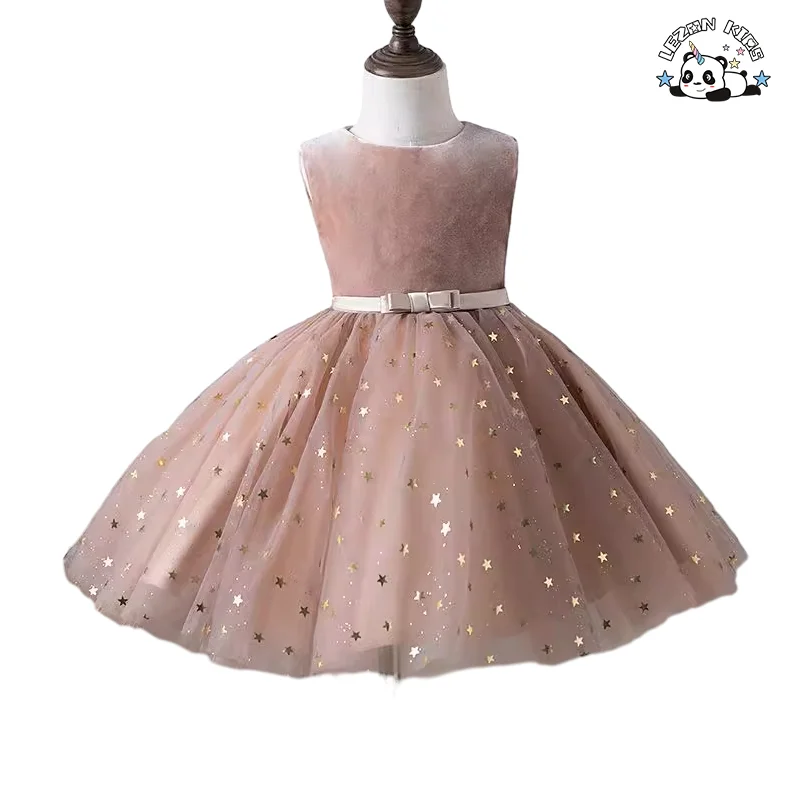 LEZONKIDS - Vestido de Menina Tulle com Impressão de Folha de Prata para o Verão, sem Mangas, para Festa
